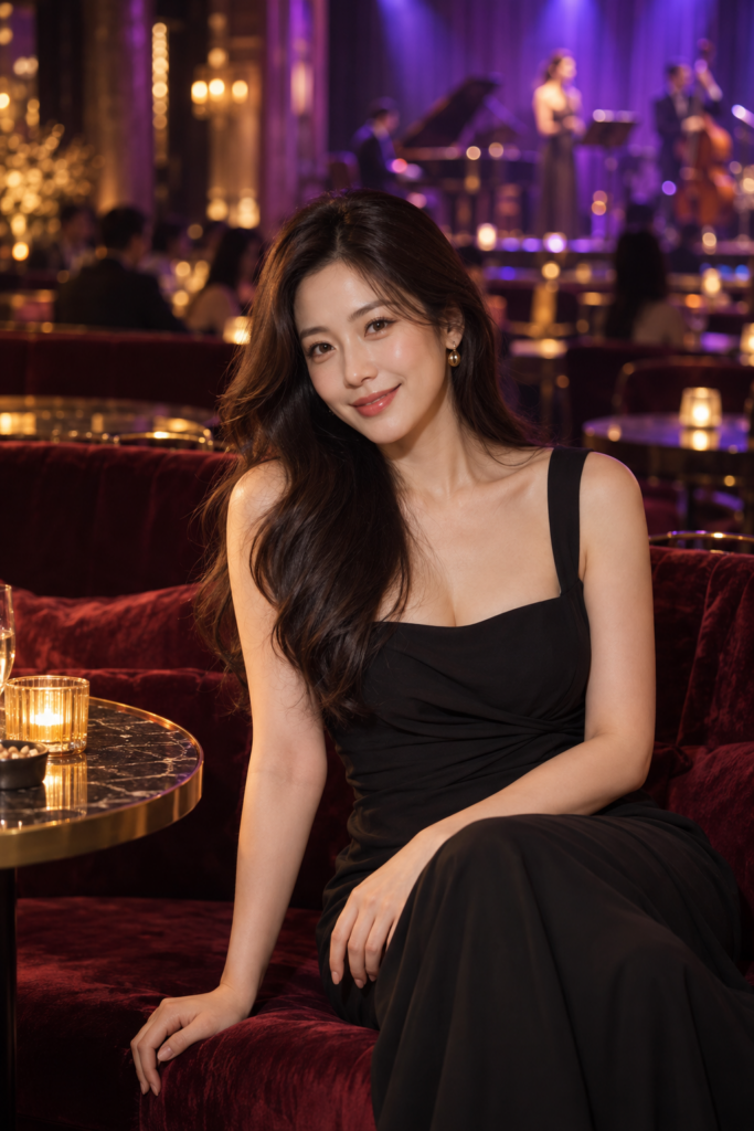 보라색 무대 조명과 버건디 좌석을 배경으로 미소 짓는 검은 드레스의 성인 여성